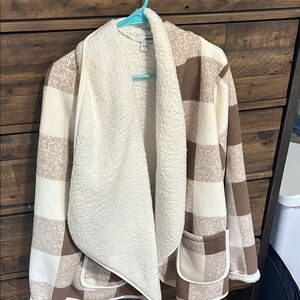 Sonoma Cream & Brown Plaid Sherpa Jacket - Women Teddy Coat Size XL